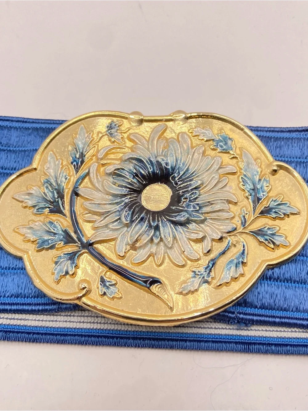 Vtg 80s Blue White Enamel Flower Belt Gold Interlocking Buckle Elastic Cinch